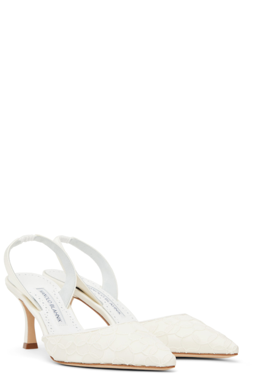 Handcrafted satin and lace heels in off-white.

· Pointed toe
· Partially elasticized slingback strap
· Inset logo patch at padded footbed
· Buffed kidskin lining
· Covered heel with rubber injection
· Nubuck sole
· Heel: H2.75"

Supplier color: Cream