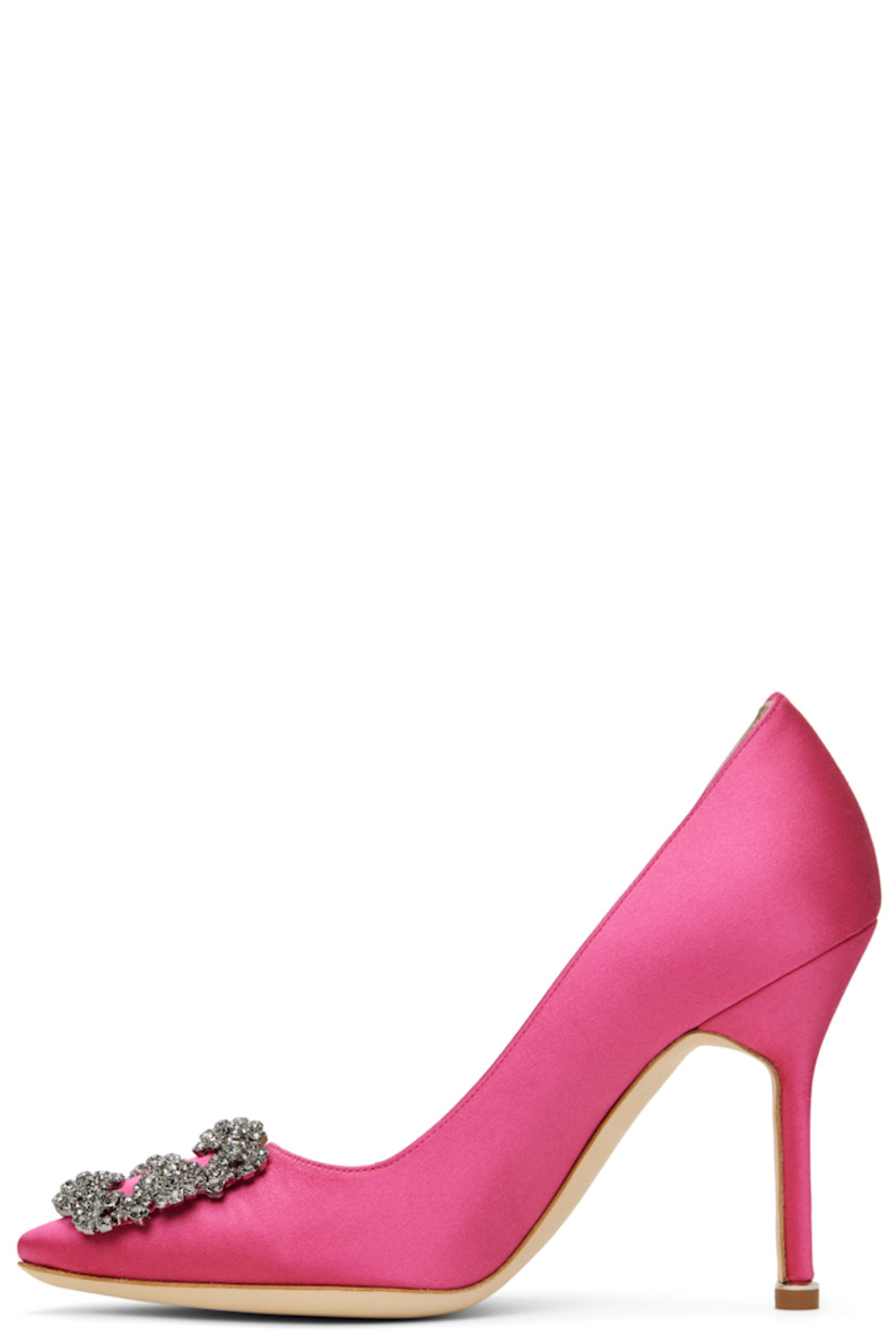Handcrafted satin heels in pink.

· Pointed toe
· Crystal-cut buckle accent at vamp
· Logo patch at padded leather footbed
· Buffed kidskin and suede lining
· Covered stiletto heel with rubber injection
· Nubuck sole
· Heel: H3.75"

Supplier color: Pink