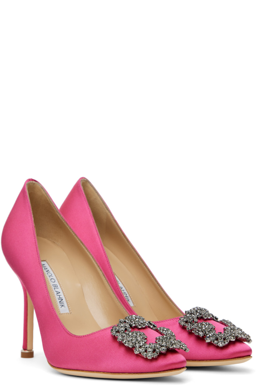 Handcrafted satin heels in pink.

· Pointed toe
· Crystal-cut buckle accent at vamp
· Logo patch at padded leather footbed
· Buffed kidskin and suede lining
· Covered stiletto heel with rubber injection
· Nubuck sole
· Heel: H3.75"

Supplier color: Pink