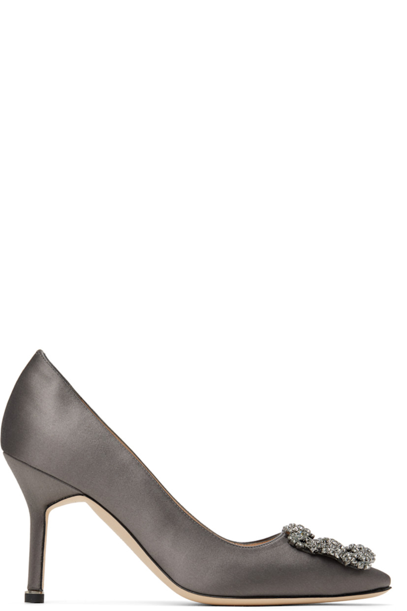 Satin heels in gray. 

· Pointed toe
· Buckle with prong-set crystals at vamp
· Inset logo patch at padded footbed
· Polished goatskin lining
· Covered stiletto heel with rubber injection
· Nubuck sole
· Heel: H3.5"

Supplier color: Dark grey