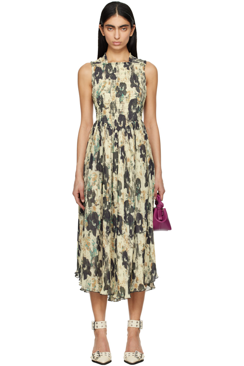 Recycled polyester gauze midi dress. Shirring and printed floral pattern throughout.

· Square neck
· Garment-pleated skirt
· Ruffled trim at shoulder straps
· Crisscrossing straps at back
· Full recycled polyester crepe lining

Supplier color: Afterglow
