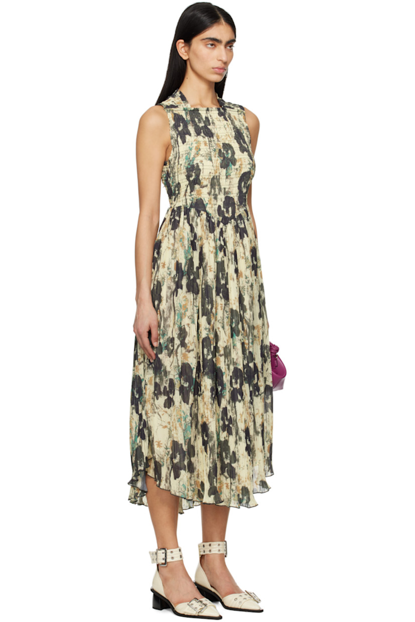 Recycled polyester gauze midi dress. Shirring and printed floral pattern throughout.

· Square neck
· Garment-pleated skirt
· Ruffled trim at shoulder straps
· Crisscrossing straps at back
· Full recycled polyester crepe lining

Supplier color: Afterglow