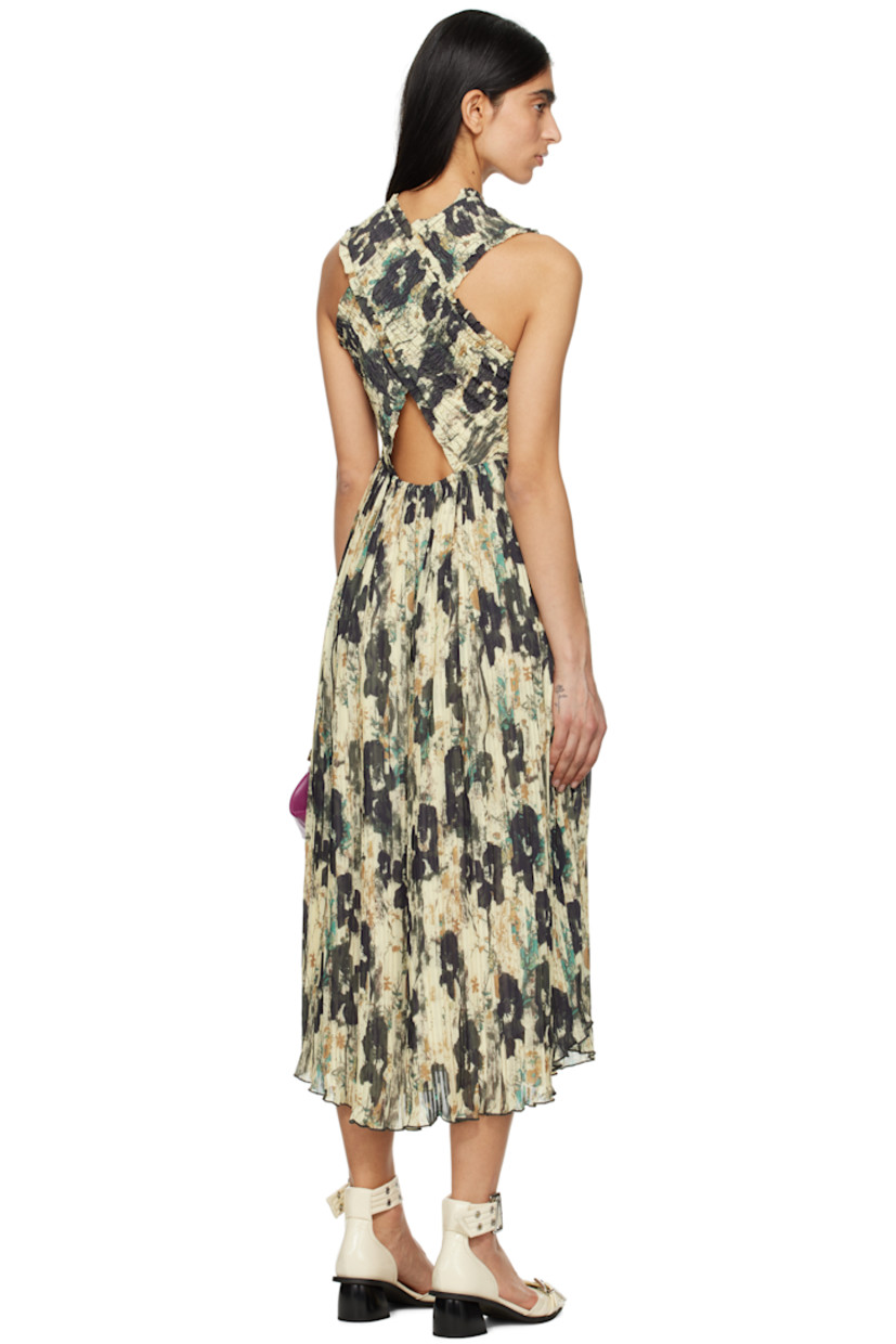 Recycled polyester gauze midi dress. Shirring and printed floral pattern throughout.

· Square neck
· Garment-pleated skirt
· Ruffled trim at shoulder straps
· Crisscrossing straps at back
· Full recycled polyester crepe lining

Supplier color: Afterglow