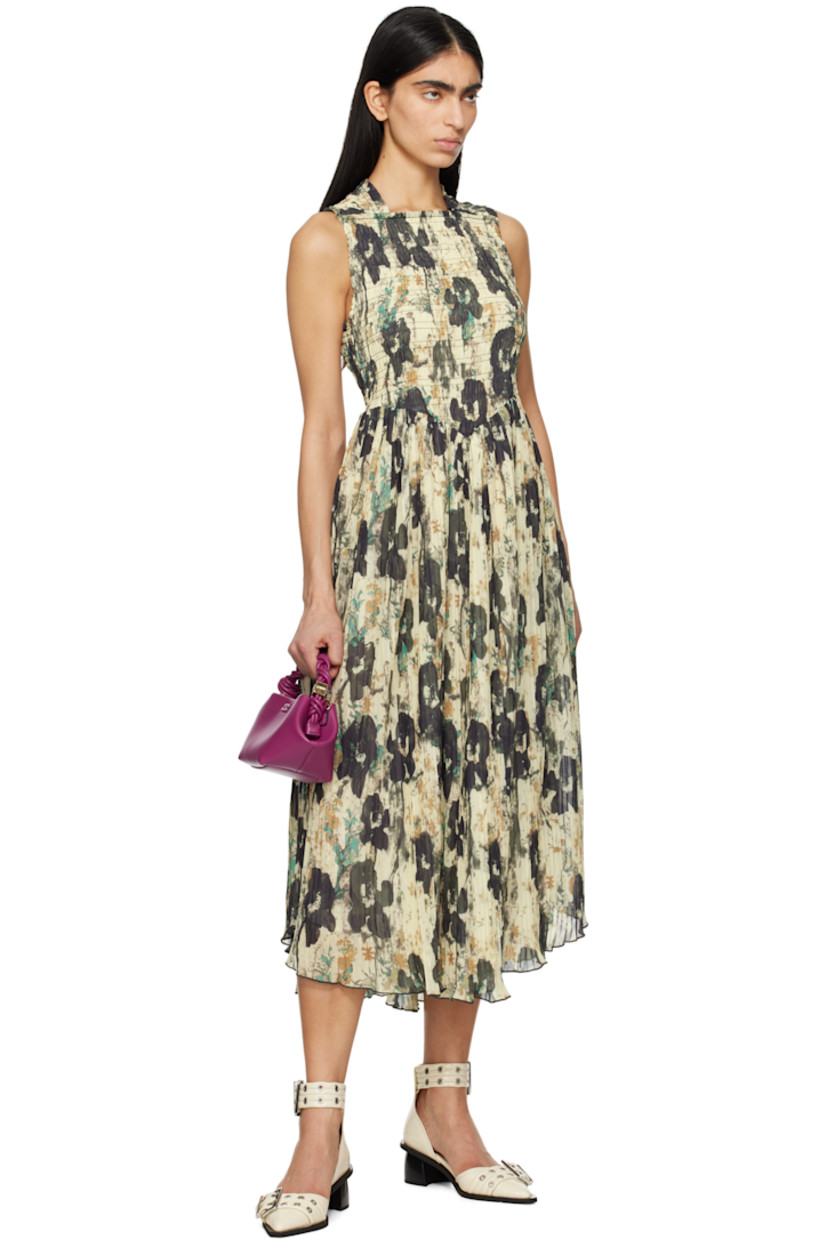 Recycled polyester gauze midi dress. Shirring and printed floral pattern throughout.

· Square neck
· Garment-pleated skirt
· Ruffled trim at shoulder straps
· Crisscrossing straps at back
· Full recycled polyester crepe lining

Supplier color: Afterglow