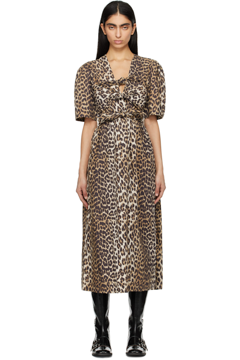 Organic cotton poplin midi dress. Leopard and logo pattern printed throughout.

· Self-tie fastenings at plunging V-neck
· Gathering at waist and shoulders
· Detachable self-tie belt and belt loops
· Seam pockets

Supplier color: Leopard