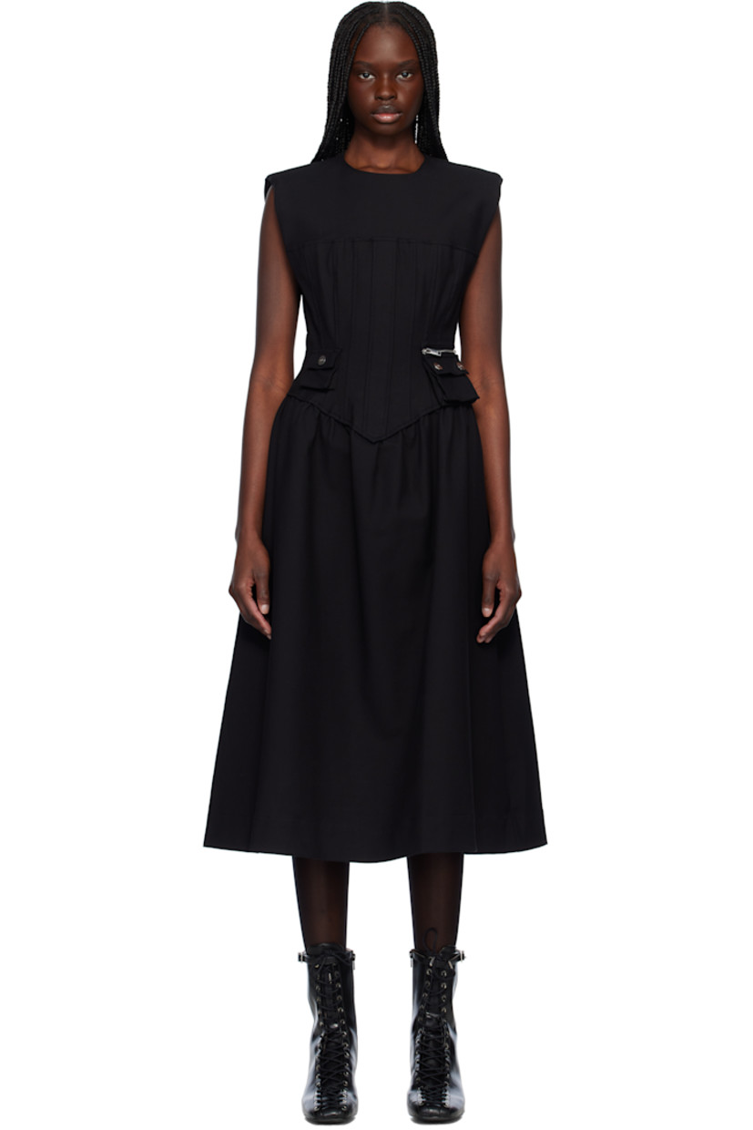 Heavyweight plain-woven stretch organic cotton midi dress. 

· Round neck
· Princess seams at front
· Flap pocket and detachable flap pocket at waist
· Padded shoulders
· Zip closure and shirring at back
· Full logo-woven satin lining
· Logo-engraved silver-tone hardware

Supplier color: Black