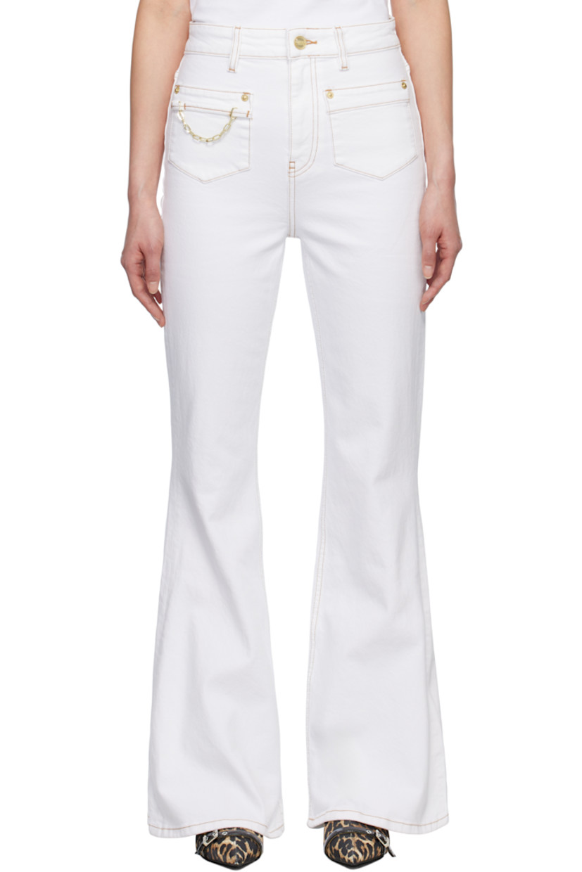 Stretch organic cotton denim jeans.

· Belt loops
· Four-pocket styling
· Zip-fly
· Cable chain at front pocket
· Logo patch at back pocket
· Contrast stitching in tan

Supplier color: Bright white