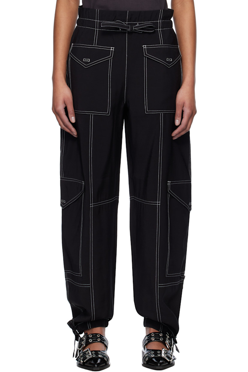 Relaxed-fit plain-woven slub LENZING™ ECOVERO™ viscose-blend trousers.

· Paneled construction
· Drawstring at elasticized waistband
· Six-pocket styling
· Drawstring at cuffs
· Flap pocket at outseams
· Contrast stitching in white

Supplier color: Black