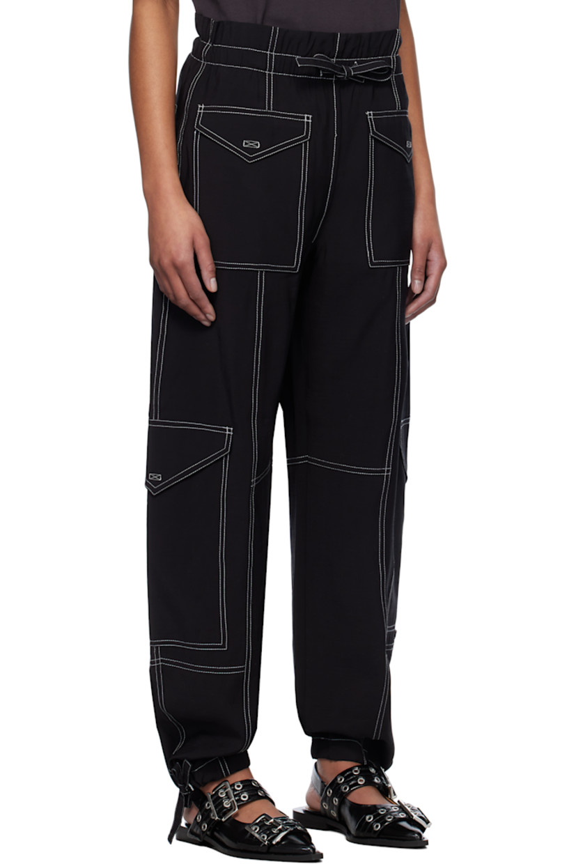 Relaxed-fit plain-woven slub LENZING™ ECOVERO™ viscose-blend trousers.

· Paneled construction
· Drawstring at elasticized waistband
· Six-pocket styling
· Drawstring at cuffs
· Flap pocket at outseams
· Contrast stitching in white

Supplier color: Black