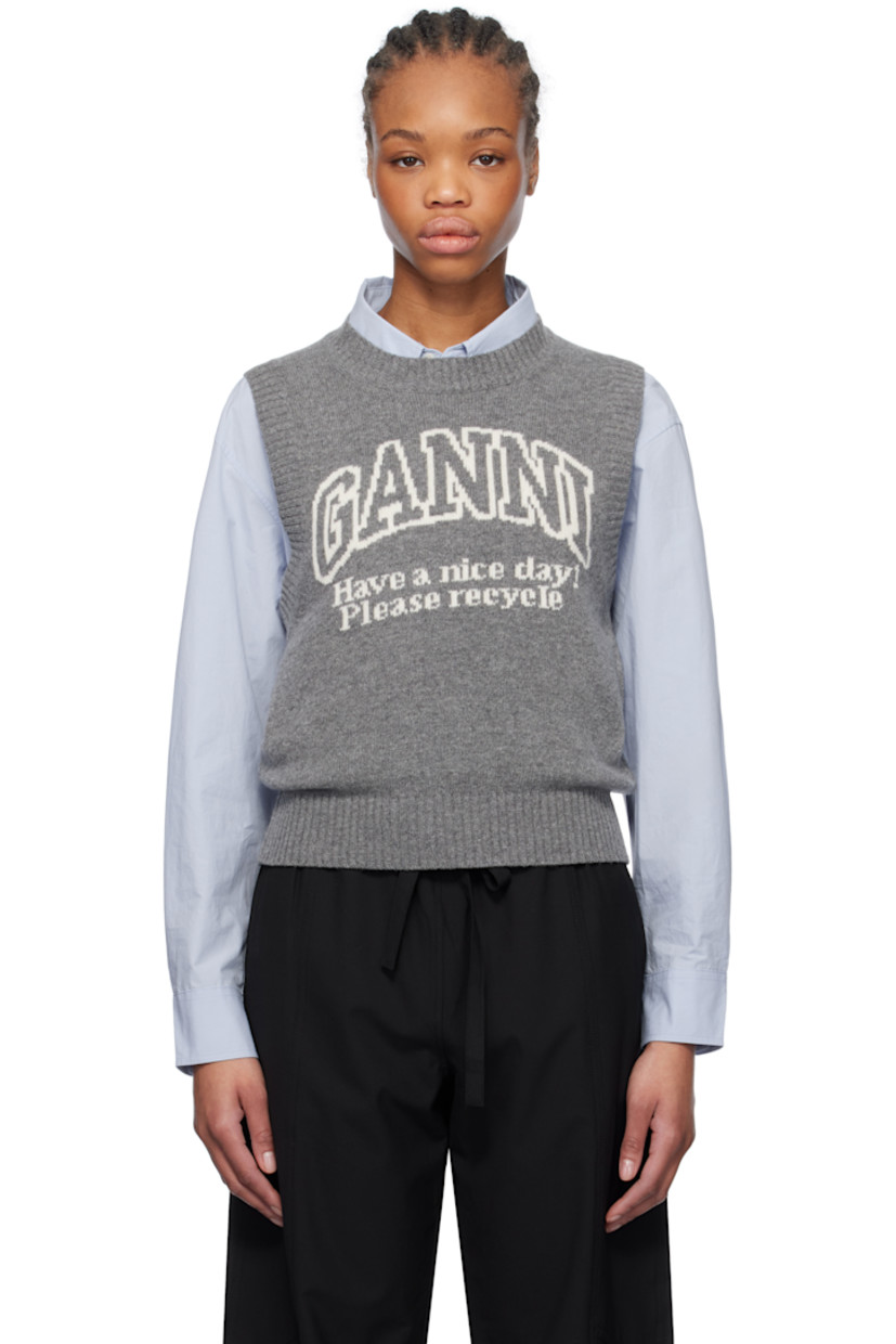 Knit recycled wool- and recycled nylon-blend vest. 

· Rib-knit crewneck, hem, and armscyes
· Jacquard logo and text at front

Supplier color: Frost gray
