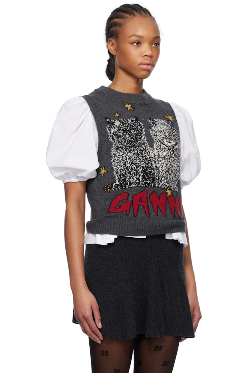 Knit recycled wool- and recycled nylon-blend vest. 

· Rib-knit crewneck, hem, and armscyes
· Jacquard logo and graphics at front

Supplier color: Gray quill