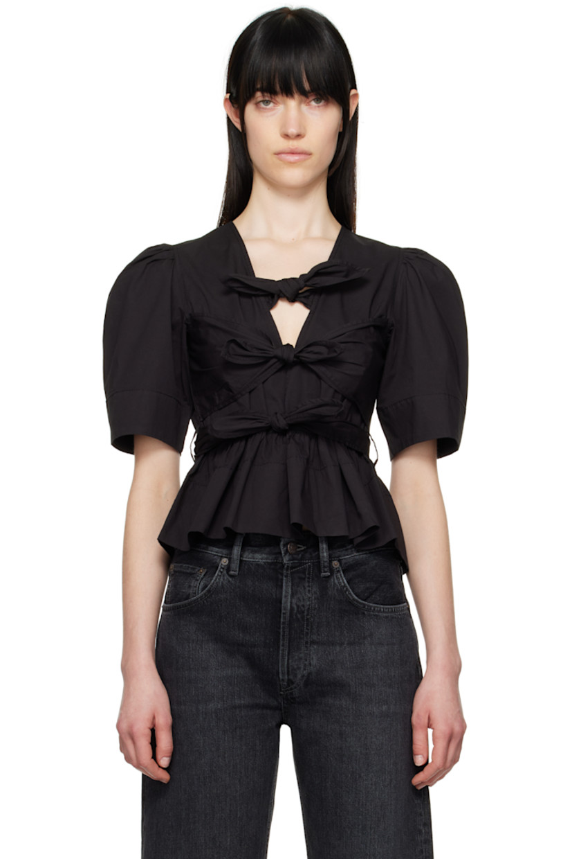 Stretch organic cotton poplin blouse. Gathering throughout.

· Self-tie fastenings at plunging V-neck
· Darts at chest
· Belt loops at waist with detachable self-tie belt
· Peplum hem
· Puff sleeves

Supplier color: Black