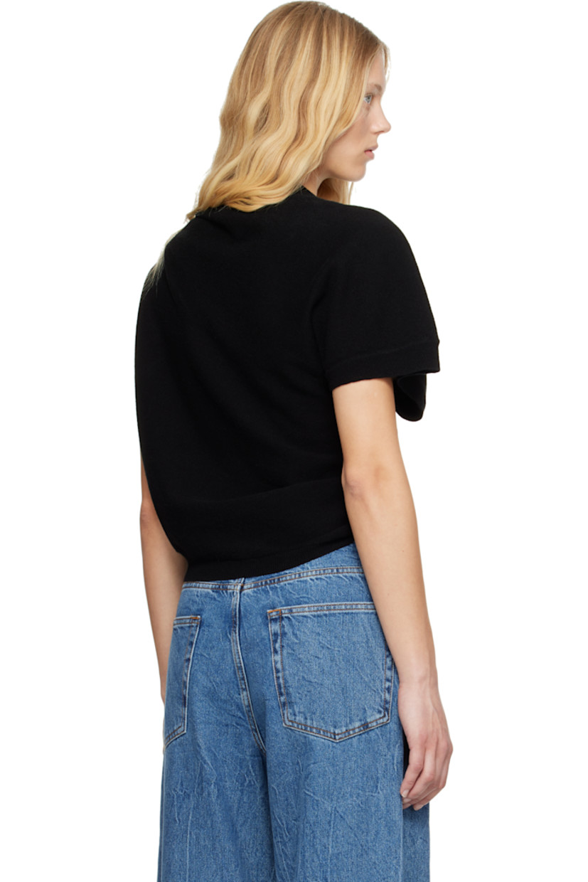 Brushed knit stretch merino wool- and cashmere-blend T-shirt.

· Asymmetrical construction
· Rib-knit boat neck, hem, and cuffs
· Gathering at shoulder

Supplier color: Black
