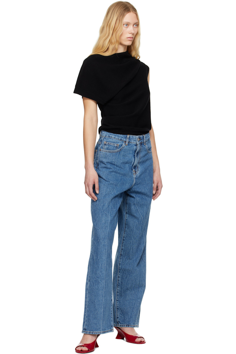 Brushed knit stretch merino wool- and cashmere-blend T-shirt.

· Asymmetrical construction
· Rib-knit boat neck, hem, and cuffs
· Gathering at shoulder

Supplier color: Black