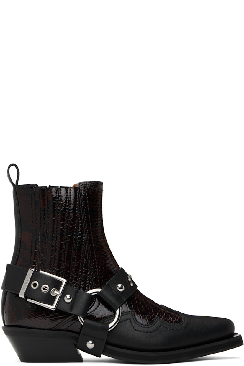 Ankle-high snake-embossed and grained faux-leather boots in burgundy and black.

· Pointed toe
· Detachable harness-style overlay
· Embroidered detailing at vamp
· Logo hardware at vamp
· O-ring and elasticized gusset at sides
· Pin-buckle fastening at outer side
· Pull-loop at heel collar
· Buffed faux-leather lining
· Stacked faux-leather heel with rubber injection
· Rubber sole
· Logo-engraved silver-tone hardware
· Heel: H1.5"

Supplier color: Black/Dark burgundy