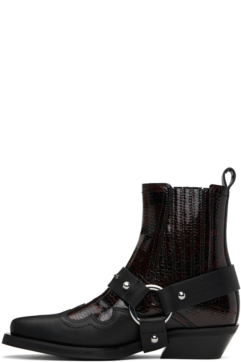 Ankle-high snake-embossed and grained faux-leather boots in burgundy and black.

· Pointed toe
· Detachable harness-style overlay
· Embroidered detailing at vamp
· Logo hardware at vamp
· O-ring and elasticized gusset at sides
· Pin-buckle fastening at outer side
· Pull-loop at heel collar
· Buffed faux-leather lining
· Stacked faux-leather heel with rubber injection
· Rubber sole
· Logo-engraved silver-tone hardware
· Heel: H1.5"

Supplier color: Black/Dark burgundy