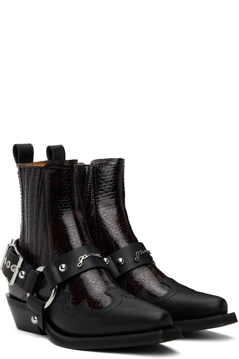 Ankle-high snake-embossed and grained faux-leather boots in burgundy and black.

· Pointed toe
· Detachable harness-style overlay
· Embroidered detailing at vamp
· Logo hardware at vamp
· O-ring and elasticized gusset at sides
· Pin-buckle fastening at outer side
· Pull-loop at heel collar
· Buffed faux-leather lining
· Stacked faux-leather heel with rubber injection
· Rubber sole
· Logo-engraved silver-tone hardware
· Heel: H1.5"

Supplier color: Black/Dark burgundy