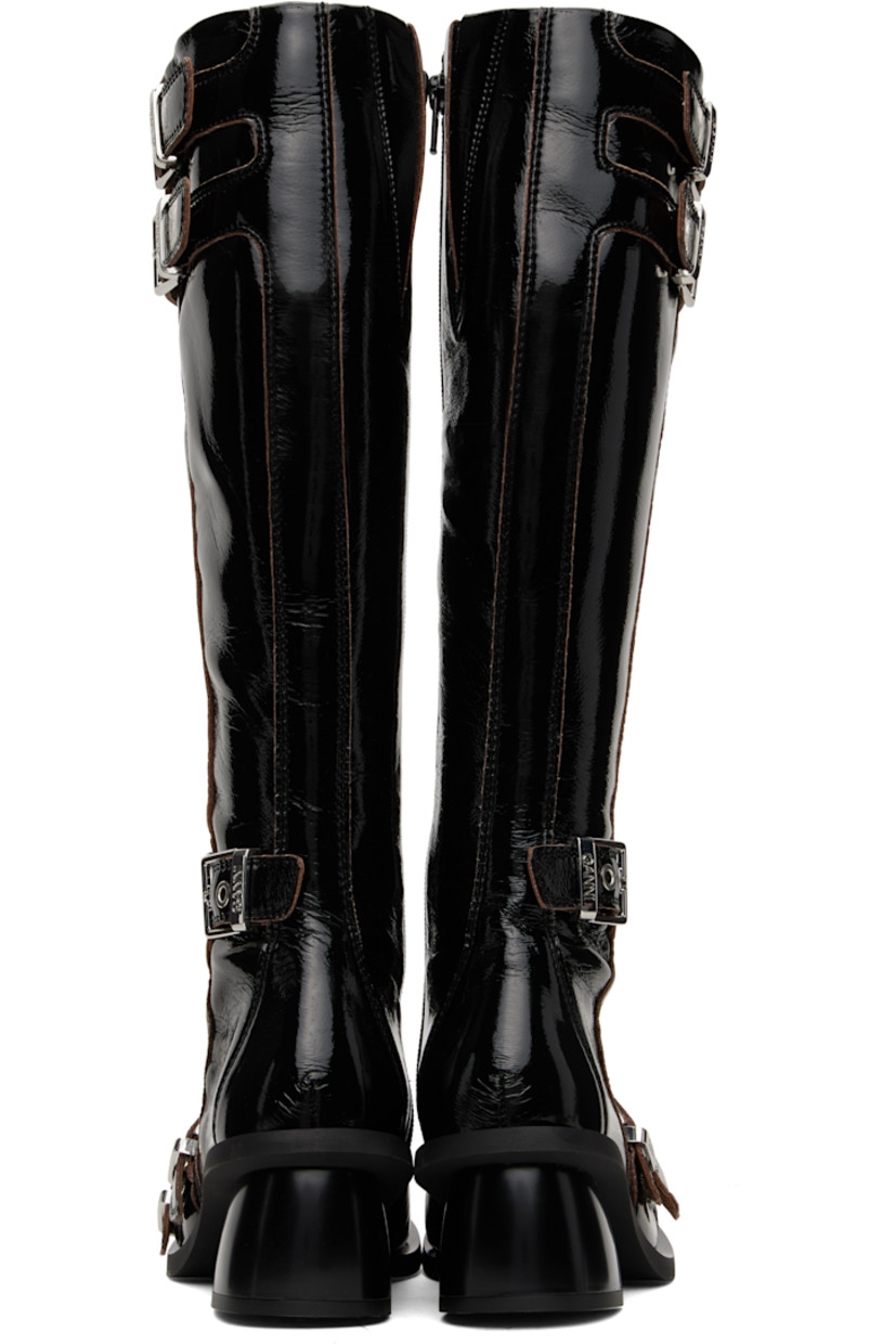 Knee-high crinkled patent faux-leather boots in black.

· Pin-buckle straps throughout
· Square toe
· Elasticized gusset at collar
· Zip closure at inner side
· Buffed faux-leather lining
· Lacquered block heel with rubber injection
· Rubber sole
· Logo-engraved silver-tone hardware
· Heel: H2.25"

Supplier color: Black