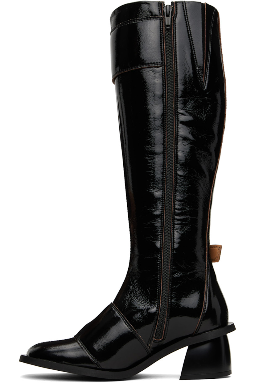 Knee-high crinkled patent faux-leather boots in black.

· Pin-buckle straps throughout
· Square toe
· Elasticized gusset at collar
· Zip closure at inner side
· Buffed faux-leather lining
· Lacquered block heel with rubber injection
· Rubber sole
· Logo-engraved silver-tone hardware
· Heel: H2.25"

Supplier color: Black