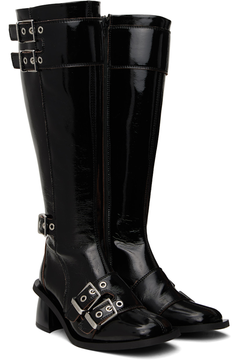 Knee-high crinkled patent faux-leather boots in black.

· Pin-buckle straps throughout
· Square toe
· Elasticized gusset at collar
· Zip closure at inner side
· Buffed faux-leather lining
· Lacquered block heel with rubber injection
· Rubber sole
· Logo-engraved silver-tone hardware
· Heel: H2.25"

Supplier color: Black
