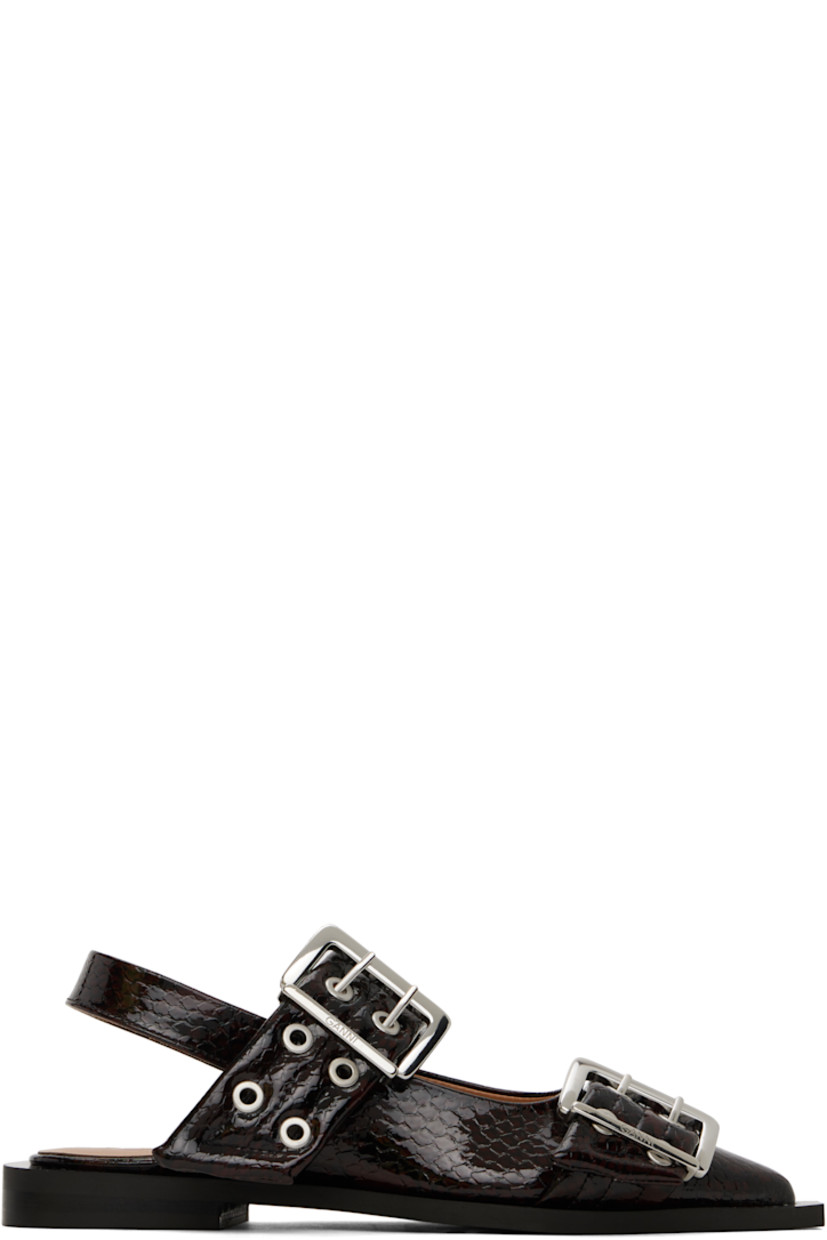 Snake-embossed faux-leather flats in burgundy. 

· Pointed toe
· Pin-buckle straps at vamp
· Partially elasticized slingback strap
· Logo embossed at padded footbed
· Buffed faux-leather lining
· Stacked faux-leather heel with rubber injection
· Rubber sole 
· Logo-engraved silver-tone hardware

Supplier color: Dark burgundy