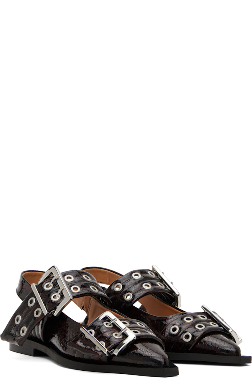 Snake-embossed faux-leather flats in burgundy. 

· Pointed toe
· Pin-buckle straps at vamp
· Partially elasticized slingback strap
· Logo embossed at padded footbed
· Buffed faux-leather lining
· Stacked faux-leather heel with rubber injection
· Rubber sole 
· Logo-engraved silver-tone hardware

Supplier color: Dark burgundy