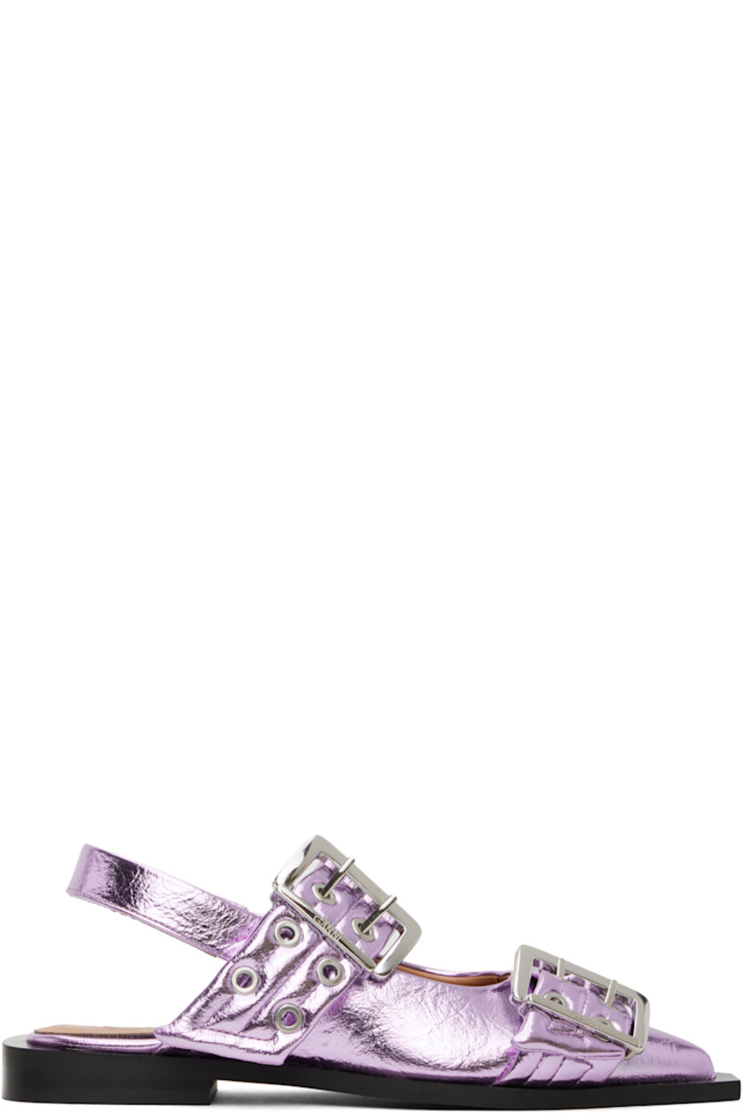 Crinkled faux-leather flats in purple.

· Pointed toe
· Pin-buckle straps at vamp
· Partially elasticized slingback strap
· Logo embossed at padded footbed
· Buffed faux-leather lining
· Stacked faux-leather heel with rubber injection 
· Rubber sole 
· Logo-engraved silver-tone hardware

Supplier color: Pink lavender