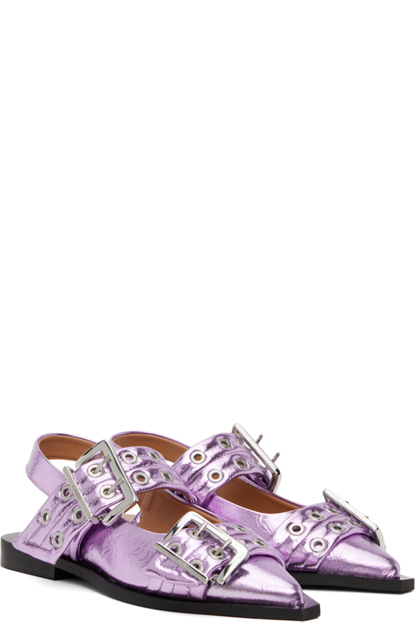 Crinkled faux-leather flats in purple.

· Pointed toe
· Pin-buckle straps at vamp
· Partially elasticized slingback strap
· Logo embossed at padded footbed
· Buffed faux-leather lining
· Stacked faux-leather heel with rubber injection 
· Rubber sole 
· Logo-engraved silver-tone hardware

Supplier color: Pink lavender