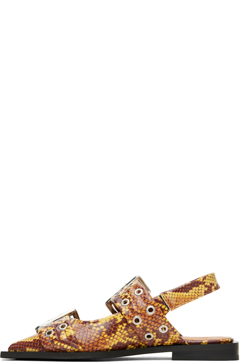 Snake-embossed patent recycled leather flats in tones of brown.

· GRS-certified recycled leather
· Pointed toe
· Pin-buckle straps at vamp
· Partially elasticized slingback strap
· Buffed faux-leather lining
· Padded footbed
· Rubber sole
· Logo-engraved silver-tone hardware

Supplier color: Sand
