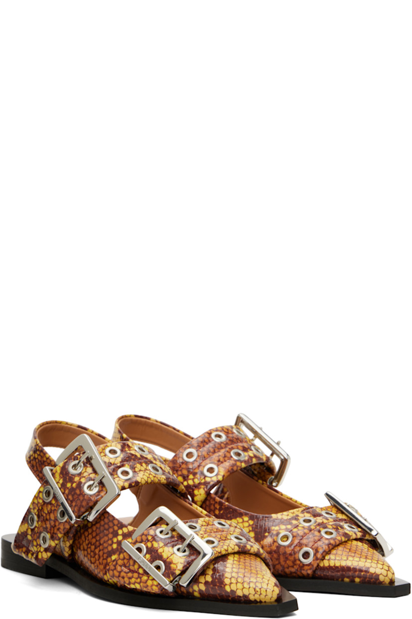 Snake-embossed patent recycled leather flats in tones of brown.

· GRS-certified recycled leather
· Pointed toe
· Pin-buckle straps at vamp
· Partially elasticized slingback strap
· Buffed faux-leather lining
· Padded footbed
· Rubber sole
· Logo-engraved silver-tone hardware

Supplier color: Sand
