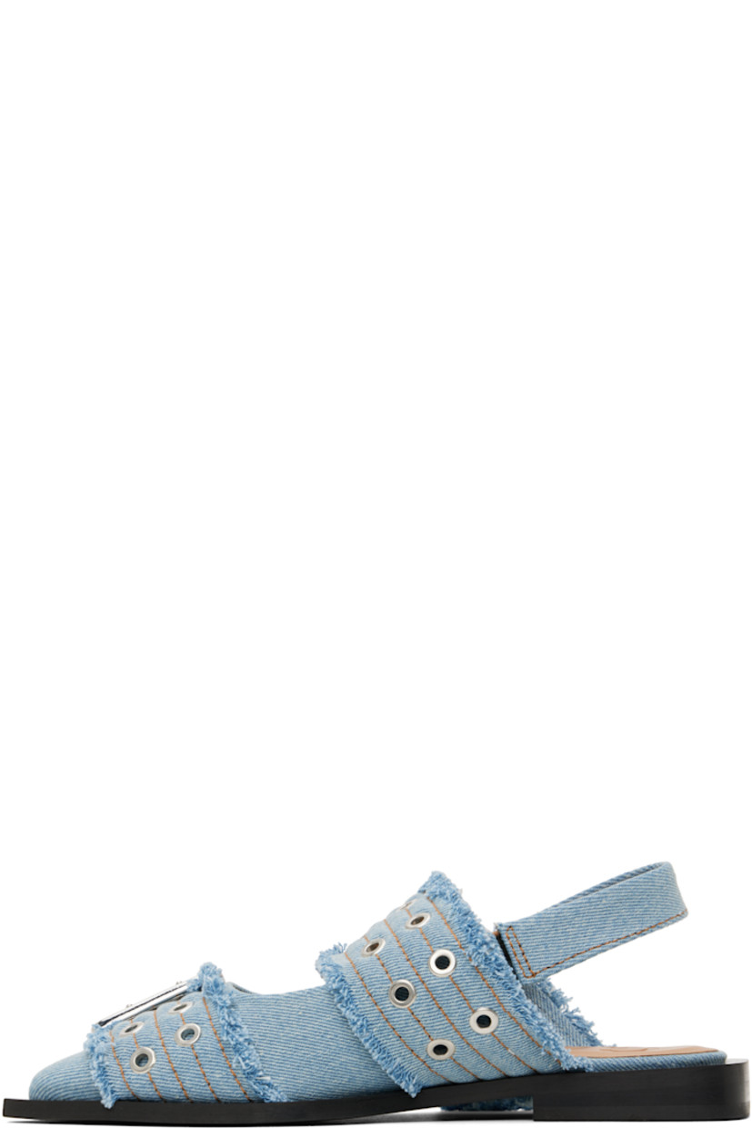 Handcrafted recycled cotton denim flats in blue.

· GRS-certified recycled cotton
· Fading and frayed edges throughout
· Pointed toe
· Pin-buckle straps at vamp
· Detachable graphic charm at outer side
· Partially elasticized slingback strap
· Buffed faux-leather lining
· Padded footbed
· Rubber sole
· Logo-engraved silver-tone hardware
· Contrast stitching in tan

Supplier color: Faded denim
