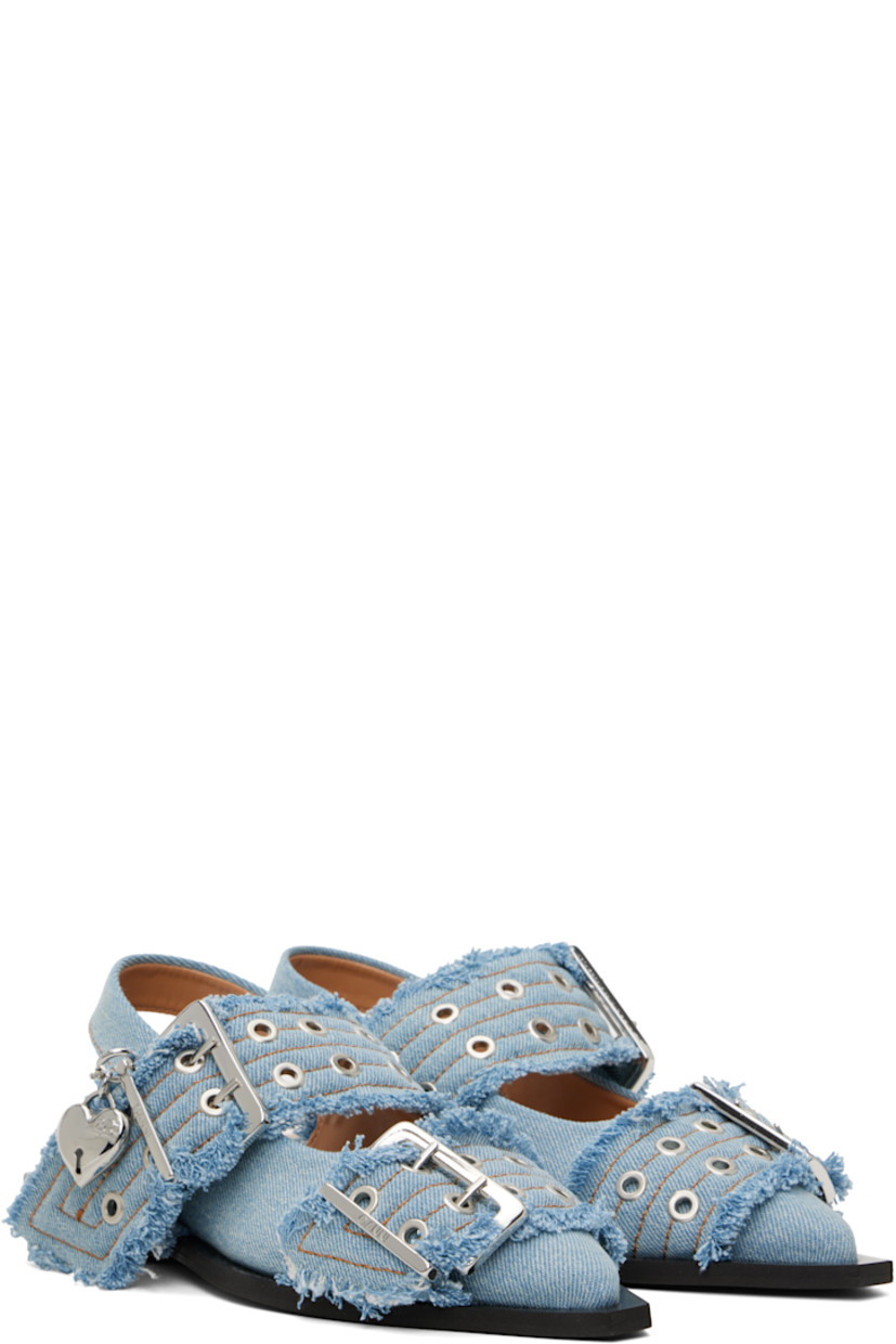 Handcrafted recycled cotton denim flats in blue.

· GRS-certified recycled cotton
· Fading and frayed edges throughout
· Pointed toe
· Pin-buckle straps at vamp
· Detachable graphic charm at outer side
· Partially elasticized slingback strap
· Buffed faux-leather lining
· Padded footbed
· Rubber sole
· Logo-engraved silver-tone hardware
· Contrast stitching in tan

Supplier color: Faded denim
