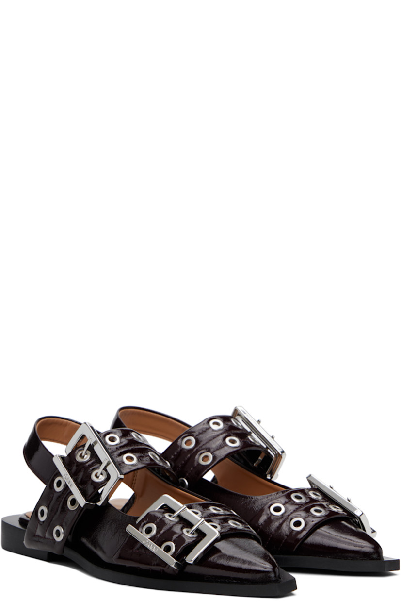 Patent faux-leather ballerina flats in burgundy.

· Pointed toe
· Pin-buckle straps at vamp
· Partially elasticized slingback strap
· Logo embossed at padded footbed
· Buffed faux-leather lining
· Stacked rubber block heel
· Faux-leather sole
· Logo-engraved silver-tone hardware

Supplier color: Burgundy