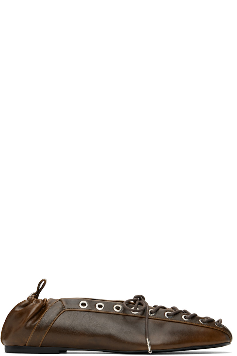Crinkled Oleatex® faux-leather ballerina flats in khaki.

· Fading throughout
· Square toe
· Lace-up closure
· Metal eyelets at collar
· Pull-loop with logo hardware at elasticized heel collar
· Buffed faux-leather lining
· Polished faux-leather sole with rubber injections
· Silver-tone hardware

Supplier color: Dark olive