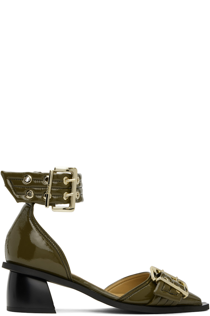 Patent faux-leather heels in khaki.

· Pointed toe
· Pin-buckle strap at vamp
· Pin-buckle ankle strap
· Logo embossed at padded footbed
· Covered block heel with rubber injection
· Rubber sole
· Logo-engraved gold-tone hardware
· Heel: H2"

Supplier color: Military olive