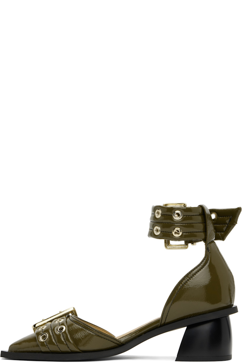 Patent faux-leather heels in khaki.

· Pointed toe
· Pin-buckle strap at vamp
· Pin-buckle ankle strap
· Logo embossed at padded footbed
· Covered block heel with rubber injection
· Rubber sole
· Logo-engraved gold-tone hardware
· Heel: H2"

Supplier color: Military olive