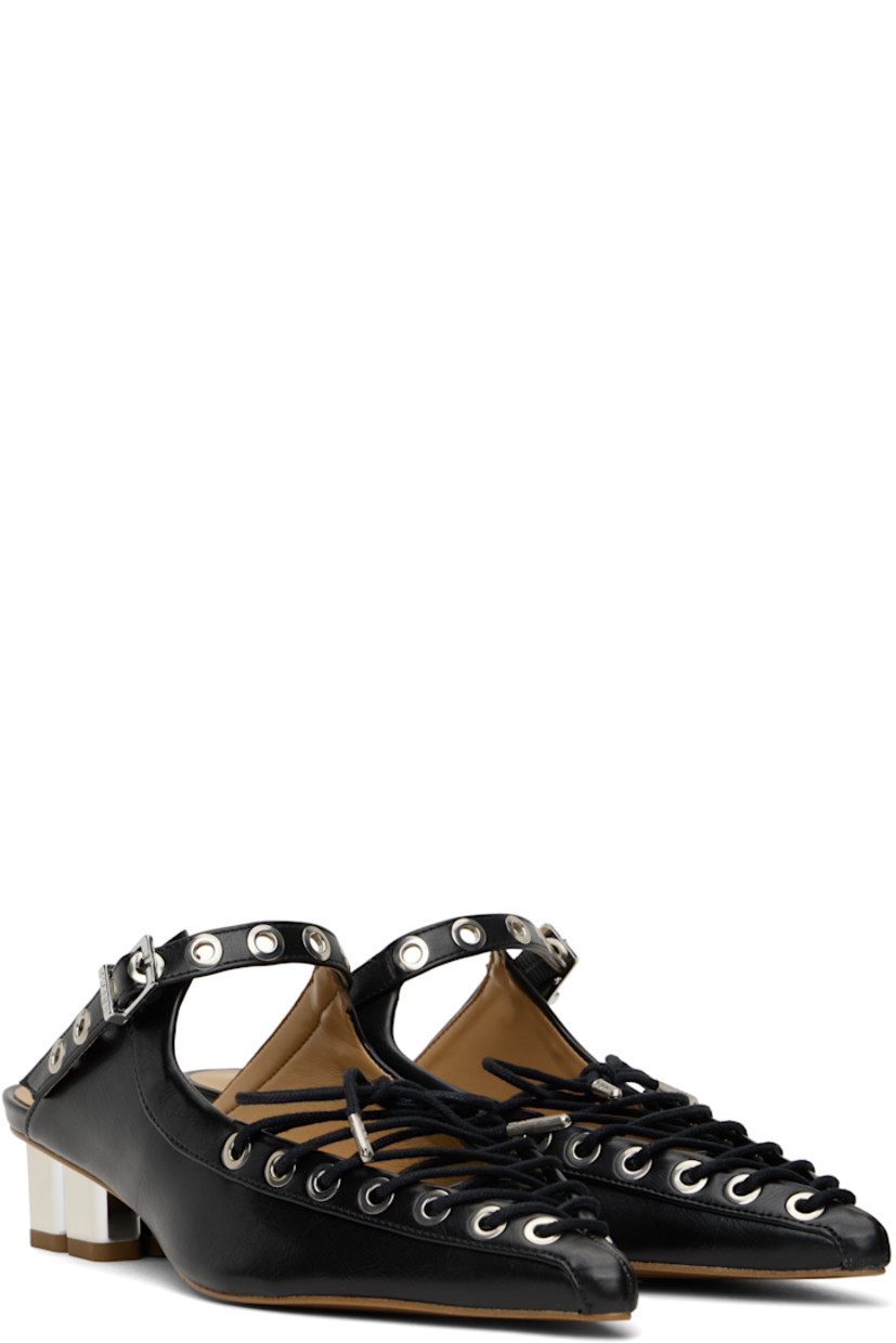 Crinkled Oleatex® faux-leather mules in black. 

· Pointed toe
· Lace-up closure 
· Pin-buckle strap at vamp
· Logo embossed at padded faux-leather footbed
· Logo graphic heel with rubber injection 
· Faux-leather sole with rubber injection
· Logo-engraved silver-tone hardware
· Heel: H1.5"

Supplier color: Black