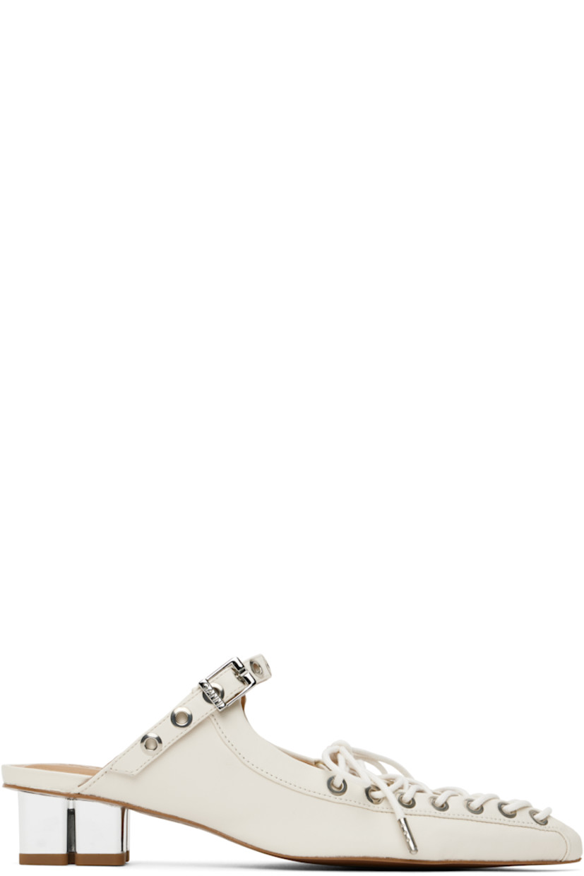 Grained Pélinova® faux-leather mules in off-white. 

· Pointed toe
· Lace-up closure 
· Pin-buckle strap at vamp
· Logo embossed at padded faux-leather footbed
· Logo graphic heel with rubber injection 
· Faux-leather sole with rubber injection
· Logo-engraved silver-tone hardware
· Heel: H1.5"

Supplier color: Egret
