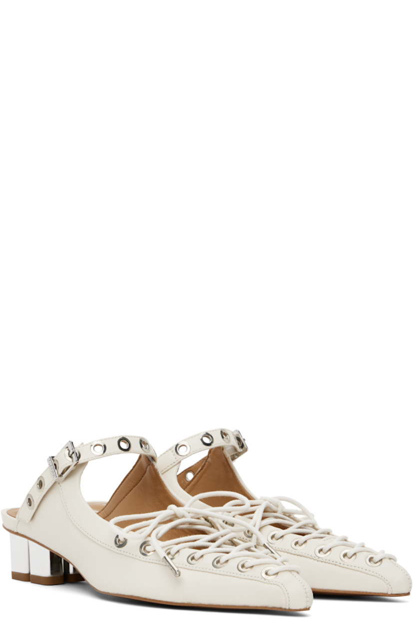 Grained Pélinova® faux-leather mules in off-white. 

· Pointed toe
· Lace-up closure 
· Pin-buckle strap at vamp
· Logo embossed at padded faux-leather footbed
· Logo graphic heel with rubber injection 
· Faux-leather sole with rubber injection
· Logo-engraved silver-tone hardware
· Heel: H1.5"

Supplier color: Egret