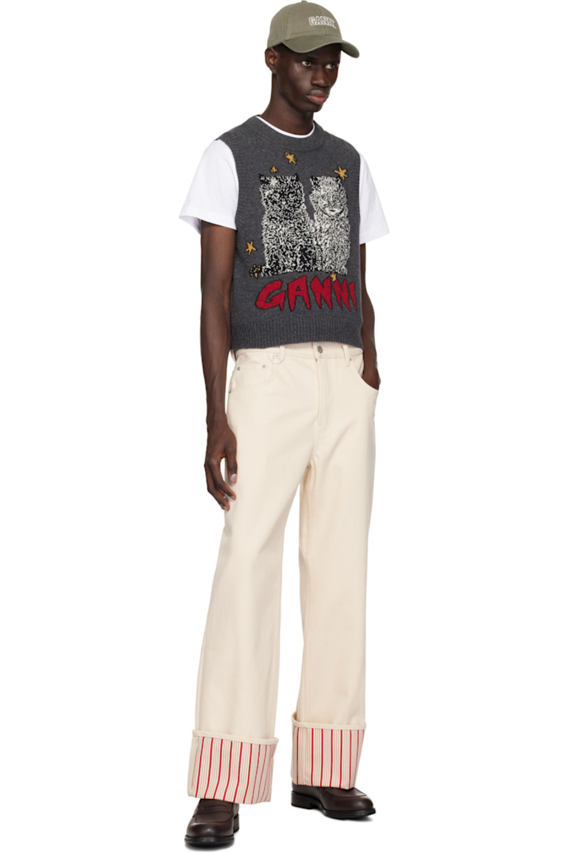 Knit wool- and recycled wool-blend vest.

· Rib-knit crewneck, hem, and armscyes
· Jacquard logo and graphic at front
· Metallic thread detailing at front

Supplier color: Gray quill