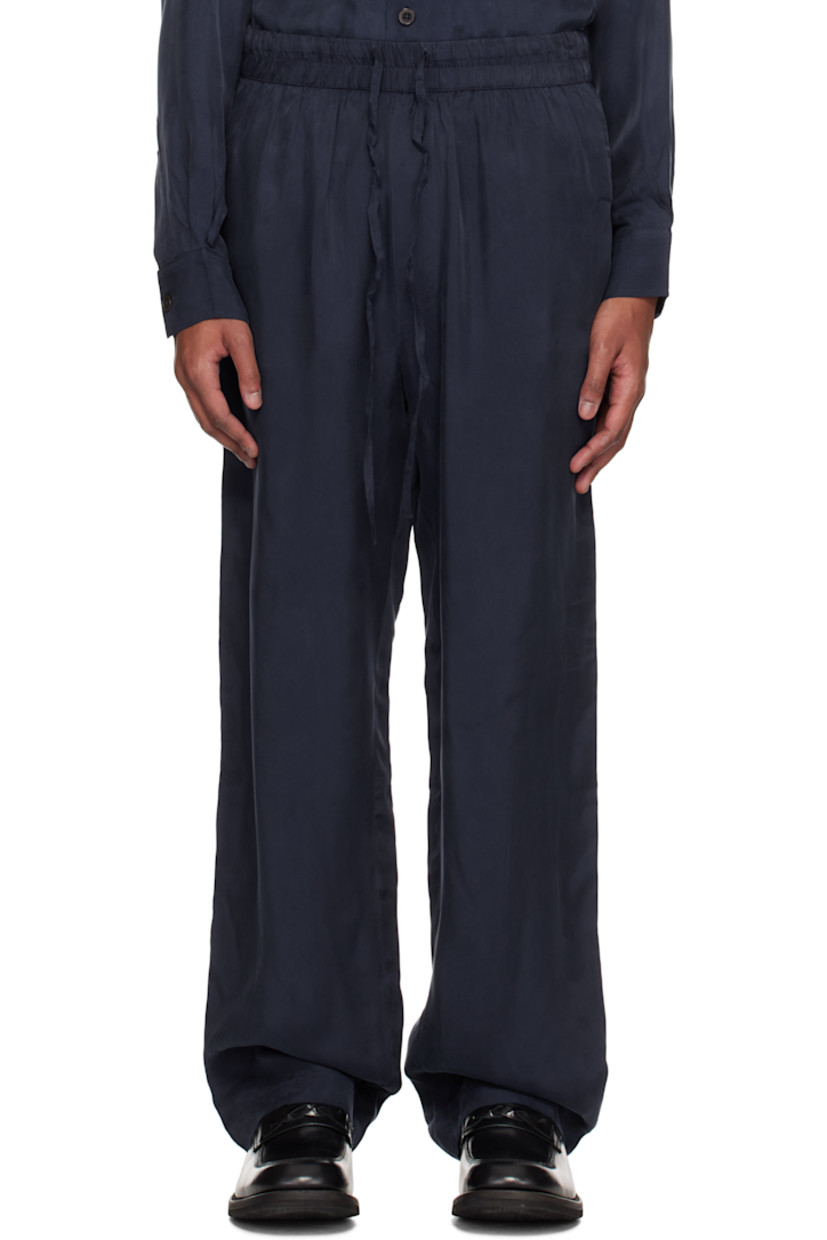 Cupro- and viscose-blend sateen trousers. 

· Drawstring at elasticized waistband
· Four-pocket styling
· Mock fly

Supplier color: Indigo