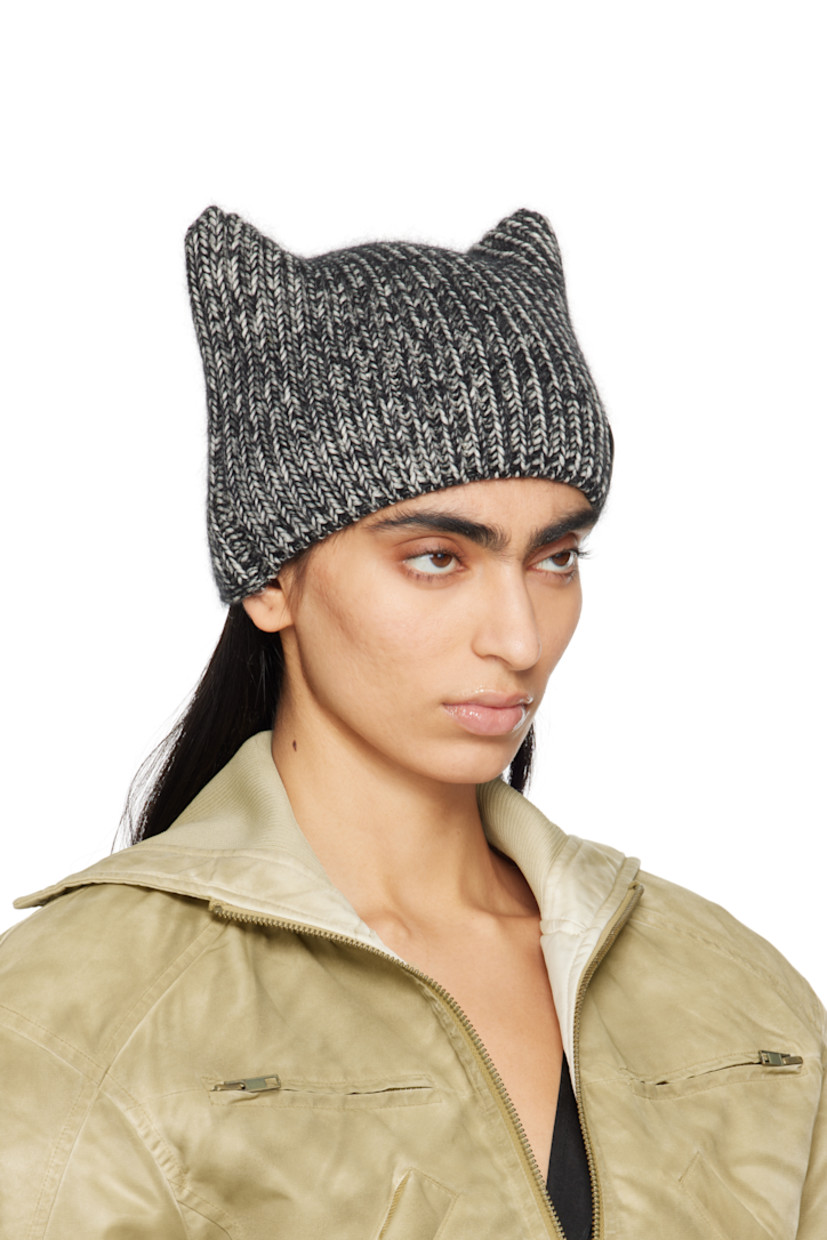 Brushed rib-knit wool-blend beanie in gray.

· Ears at crown
· Rubberized logo patch at face

Supplier color: Grey