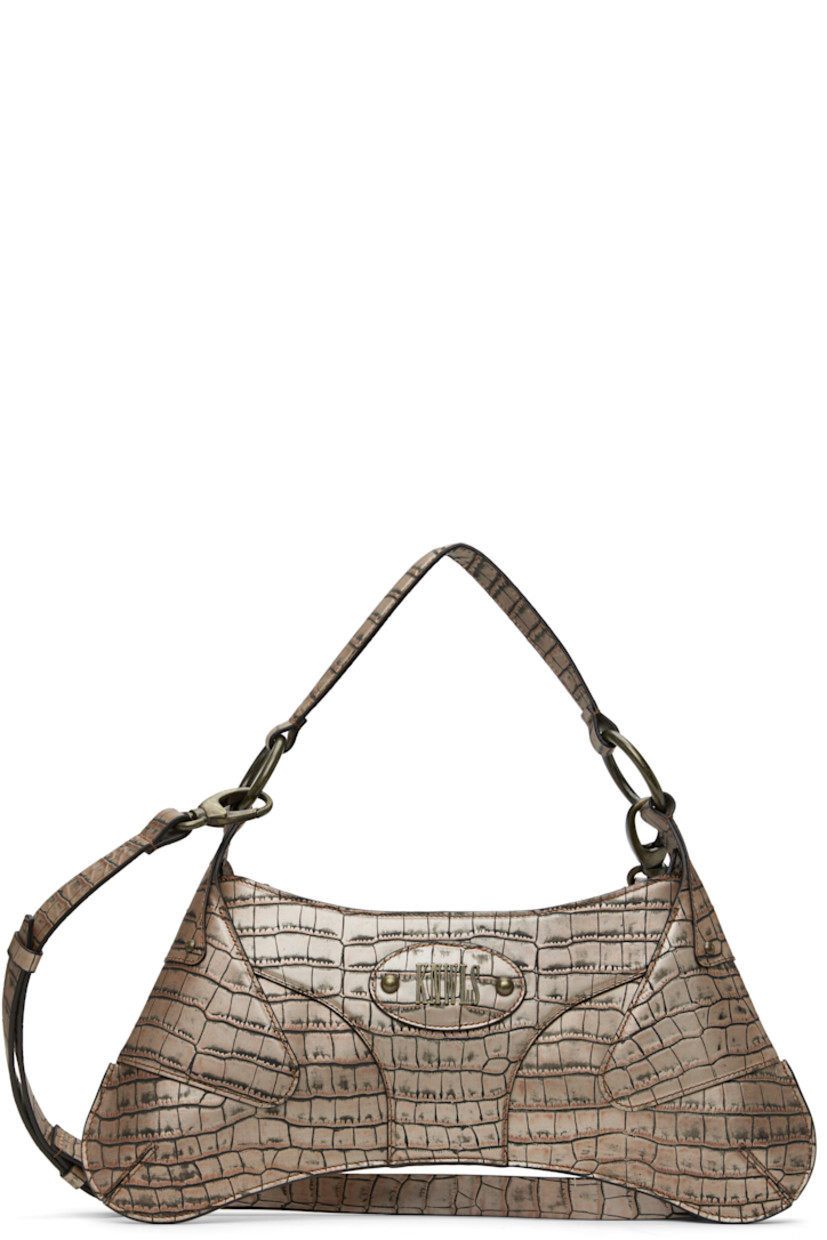 Croc-embossed calfskin shoulder bag in beige.

· Fading and smudging throughout
· Fixed carry handle
· Detachable shoulder strap
· Logo hardware at face
· Zip closure
· Full twill lining
· H7" x W14" x D1.5"

Supplier color: Beige croc