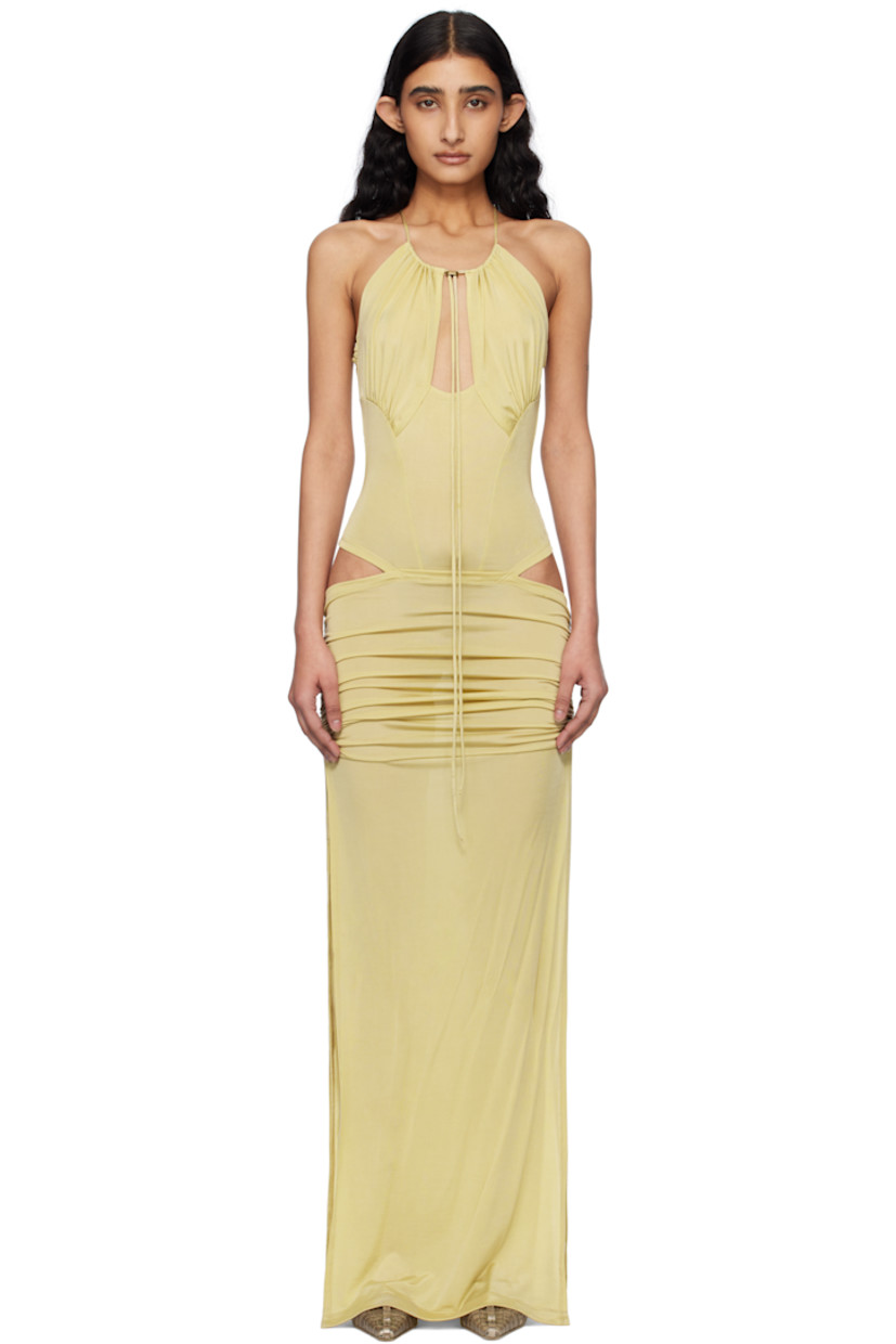 Stretch lyocell jersey maxi dress. Gathering throughout.

· Bungee-style drawstring at halter neck
· Cutouts at chest and waist
· Bungee-style drawstring at elasticized side seams
· Slit at sides

Supplier color: Pale olive