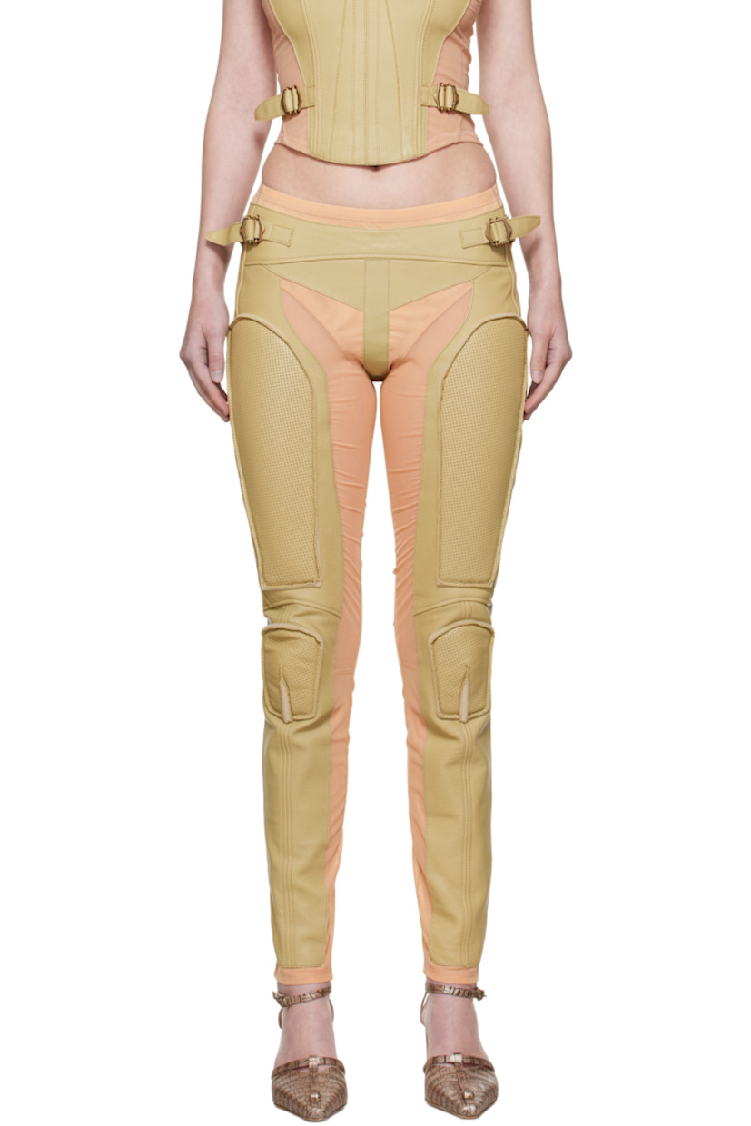 Handcrafted grained lambskin and stretch nylon mesh trousers.

· Semi-sheer mesh
· Paneled construction 
· Adjustable pin-buckle straps at waistband
· Perforated padding at front legs
· Zip closure at back waist
· Concealed zip closure at back 
· Unlined
· Antiqued gold-tone hardware 

Supplier color: Pale olive