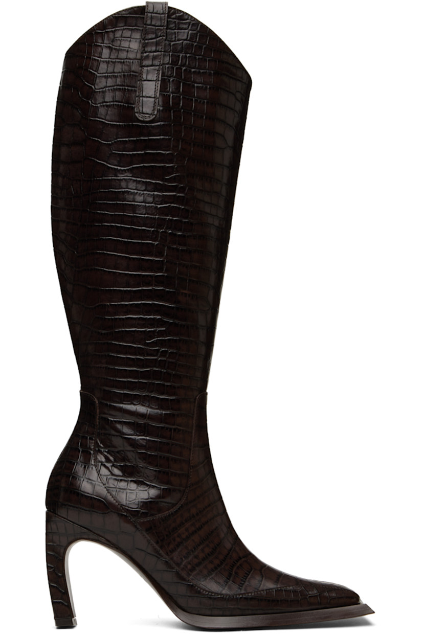 Mid-calf croc-embossed leather boots in brown. 

· Square toe
· Pull-loop at collar
· Zip closure at inner side
· Grained leather lining
· Covered block heel with rubber injection
· Leather sole
· Heel: H3.5"

Supplier color: Espresso croc