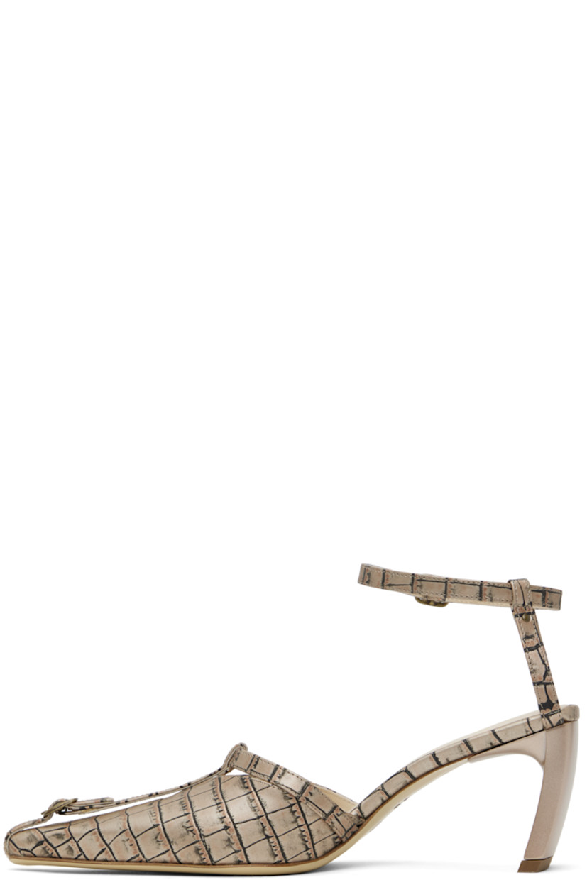 Croc-embossed leather mules in beige and black.

· Pointed square toe 
· Pin-buckle strap, rivet, and cutouts at vamp
· Pin-buckle ankle strap
· Logo-embossed padded leather footbed
· Covered block heel with rubber injection
· Leather sole
· Heel: H2.75"

Supplier color: Beige croc