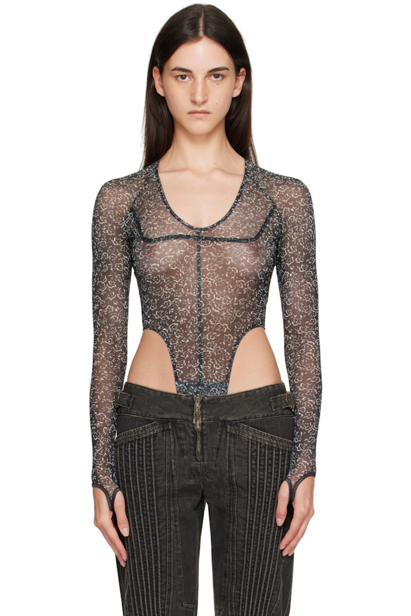 Sheer stretch recycled polyester-blend mesh bodysuit.

· Floral pattern printed throughout
· Scoop neck
· Adjustable press-stud fastening at bottom
· Raglan sleeves
· Thumbhole at cuffs
· Partially lined

Supplier color: Daisy