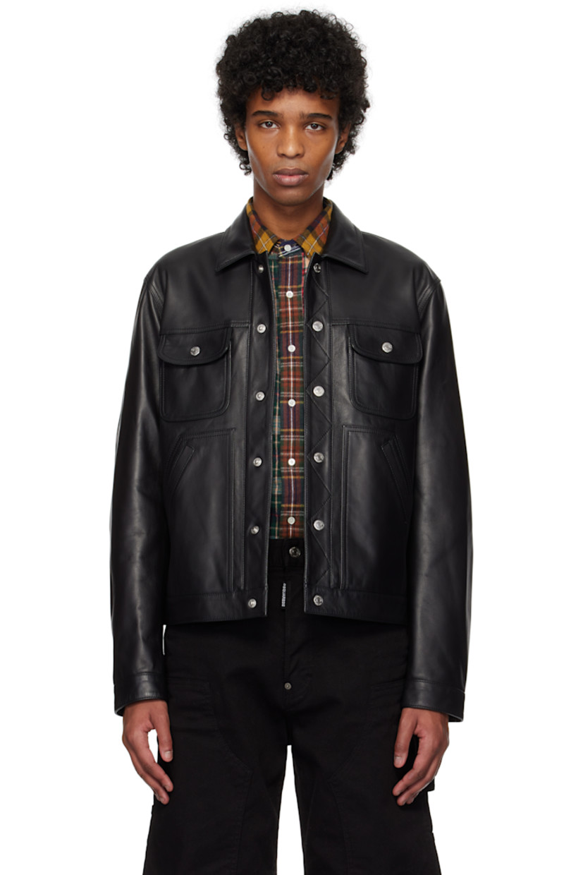 Grained leather jacket. 

· Spread collar
· Press-stud closure
· Flap pockets and welt pockets
· Adjustable press-stud tab at side seams
· Single-press-stud barrel cuffs
· Welt pocket at interior
· Full satin lining
· Logo engraved silver-tone hardware

Supplier color: Black