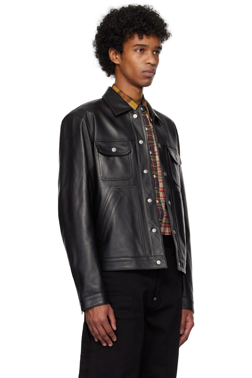 Grained leather jacket. 

· Spread collar
· Press-stud closure
· Flap pockets and welt pockets
· Adjustable press-stud tab at side seams
· Single-press-stud barrel cuffs
· Welt pocket at interior
· Full satin lining
· Logo engraved silver-tone hardware

Supplier color: Black